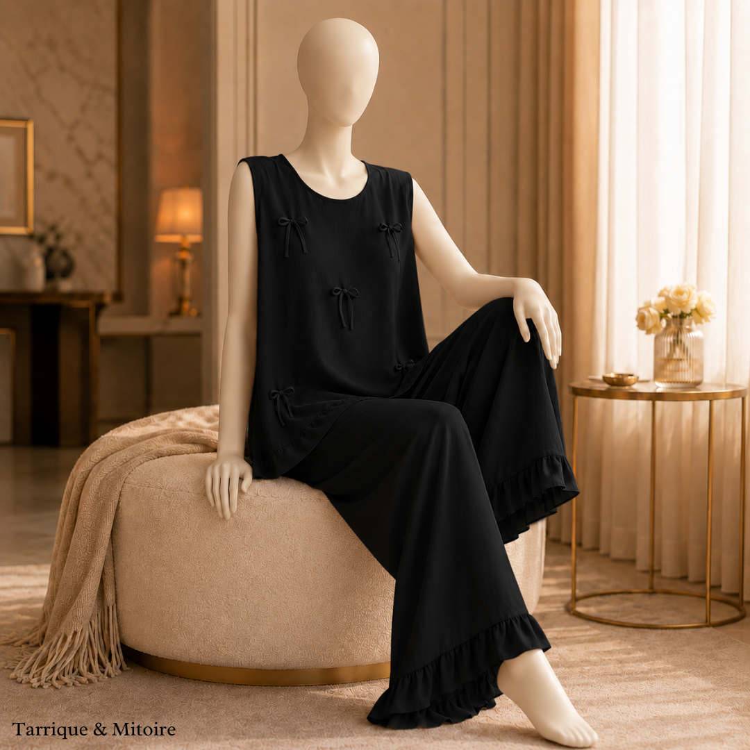 The Reverie Set โ Silk-Touch Bow Cami & Flowing Ruffle Pants