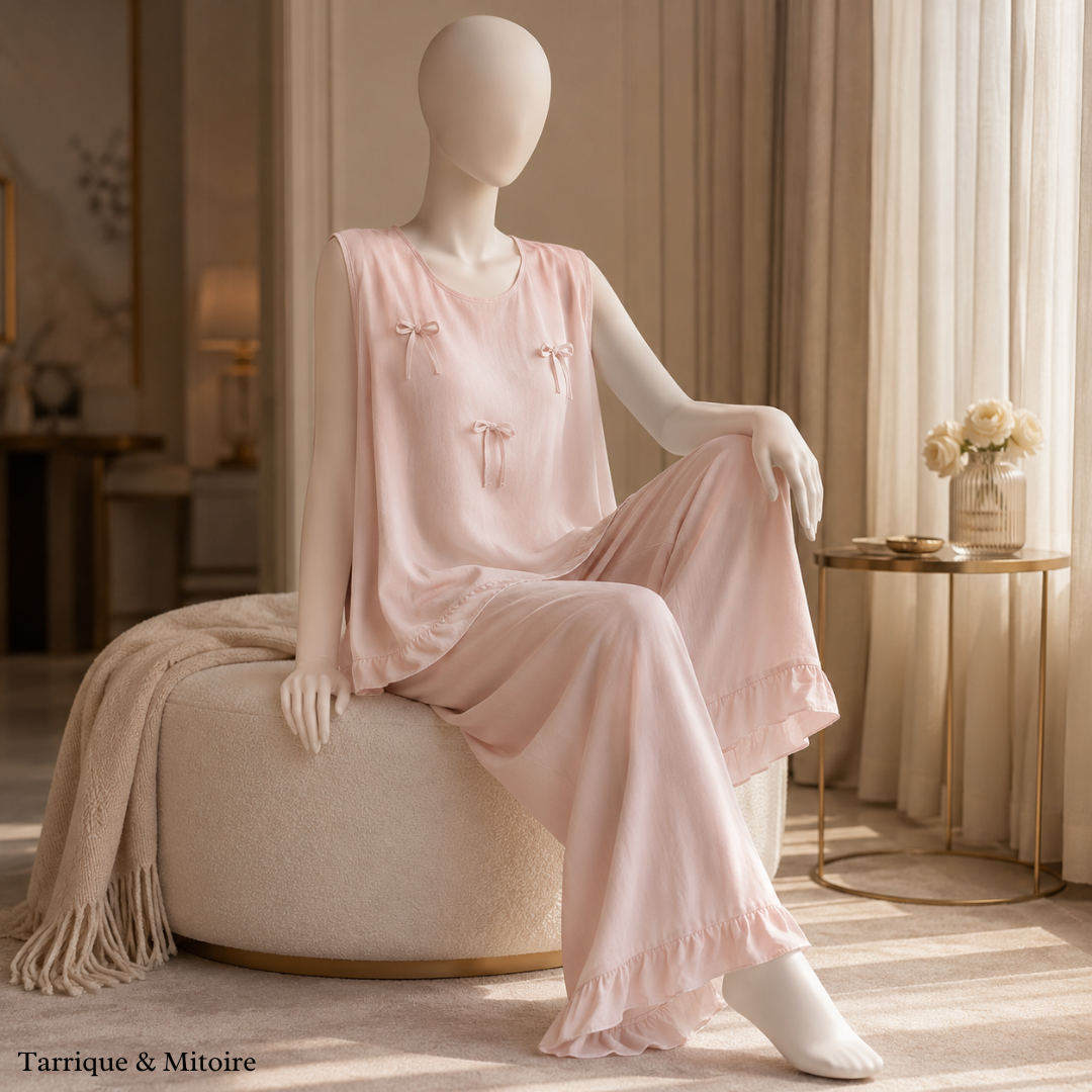 The Reverie Set — Silk-Touch Bow Cami & Flowing Ruffle Pants
