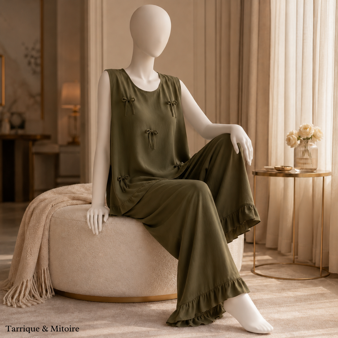The Reverie Set — Silk-Touch Bow Cami & Flowing Ruffle Pants