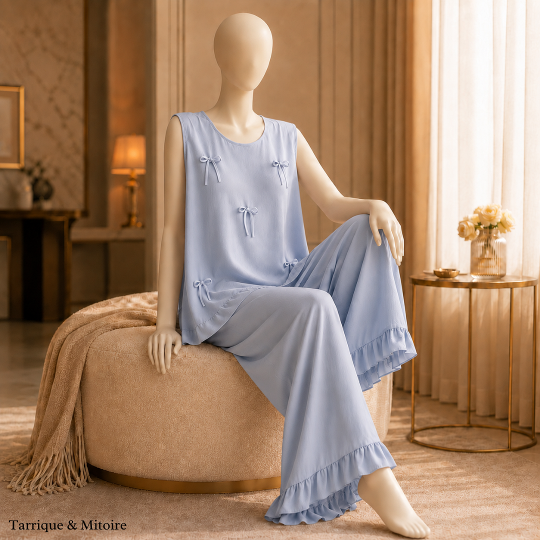 The Reverie Set — Silk-Touch Bow Cami & Flowing Ruffle Pants