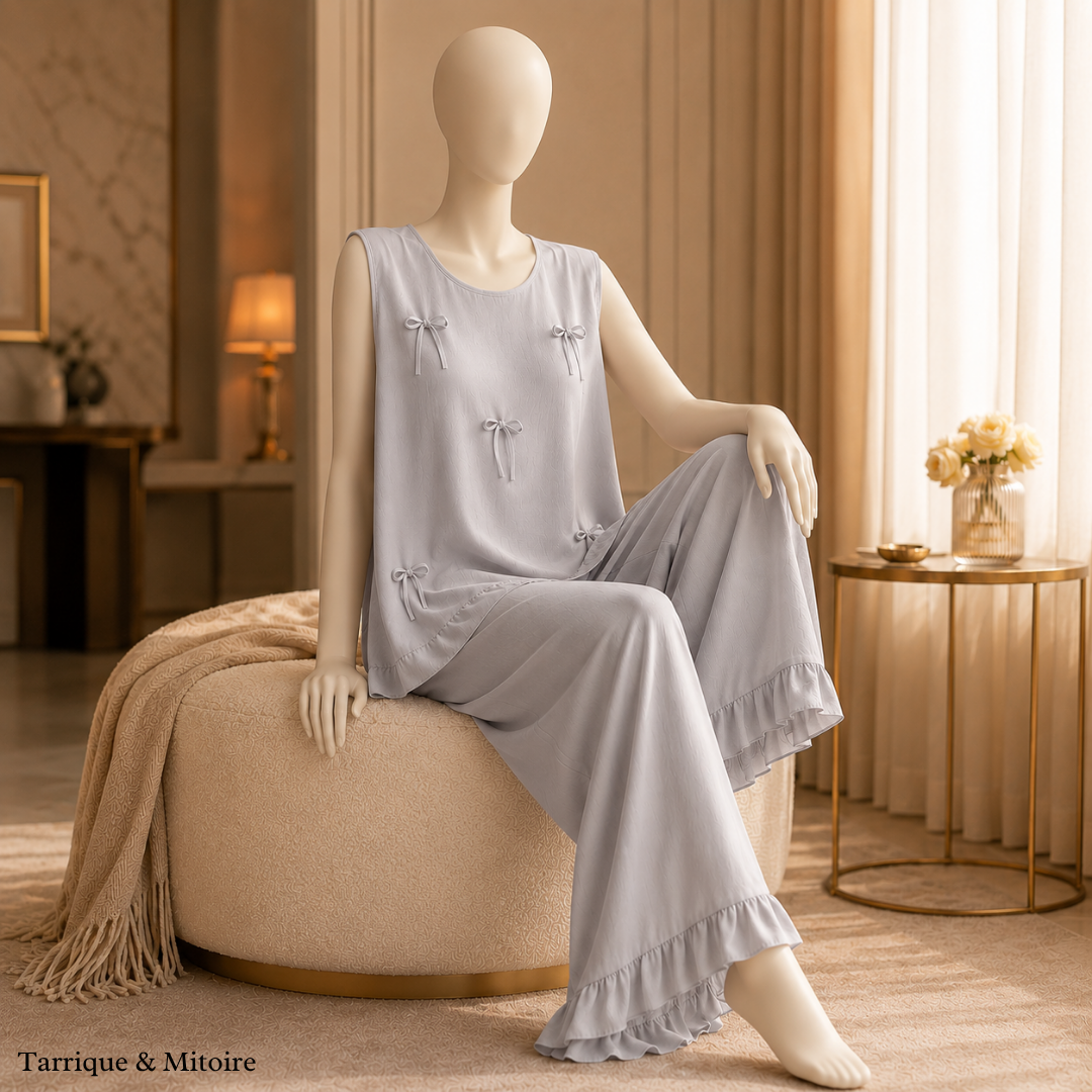 The Reverie Set — Silk-Touch Bow Cami & Flowing Ruffle Pants